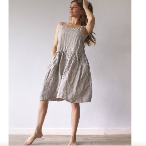 LEN OK LENOK 100% Linen Short Full Strappy Dress in Heather Charcoal - EUC! - L - Picture 2 of 9